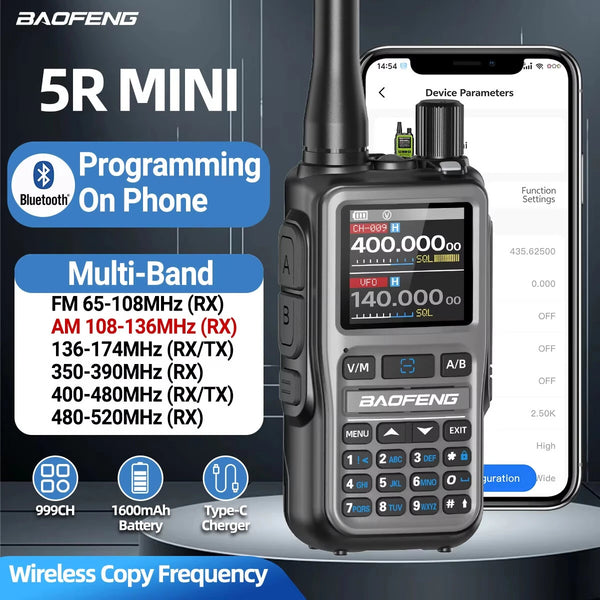 1Pcs Baofeng UV-5R Mini 5W Power Multi-Band Walkie Talkie 999 Channels bluetooth Programmable One-key Frequency Pairing Two Way Radio 1600mAh Battery with Type-C Charging for Outdoor Camping Hiking Road Trip