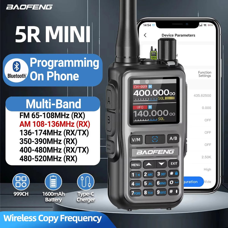 1Pcs Baofeng UV-5R Mini 5W Power Multi-Band Walkie Talkie 999 Channels bluetooth Programmable One-key Frequency Pairing Two Way Radio 1600mAh Battery with Type-C Charging for Outdoor Camping Hiking Road Trip