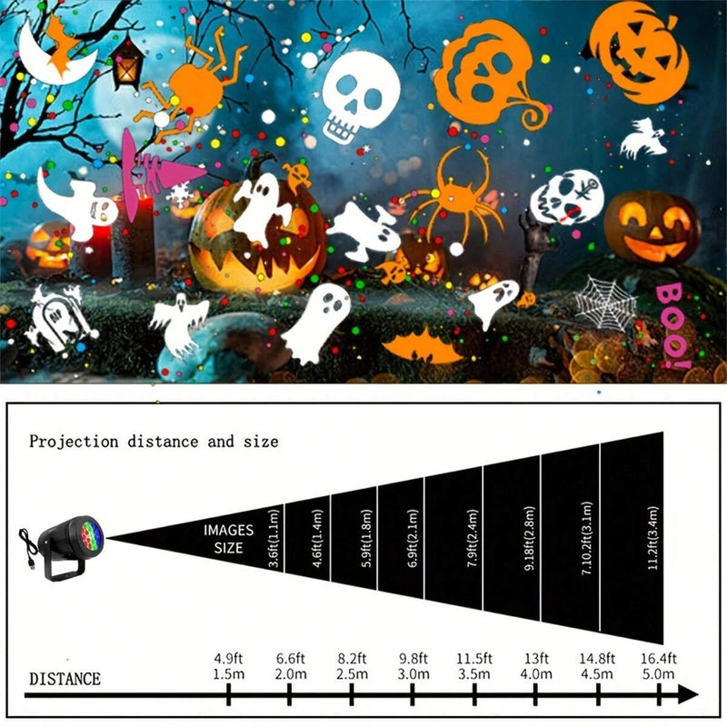 16 Patterns Halloween Atmosphere Decoration Light Halloween Projection Lamp LED Fantasy Light With Dynamic Pumpkin Skull Spider Witch Hat Bat Ghost Suitable For Home Bedroom Party Halloween Holiday Decoration