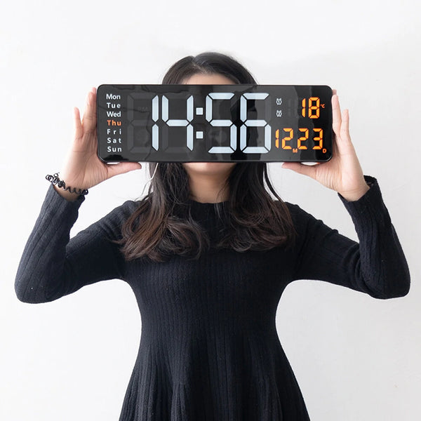 AGSIVO 16 Inch Digital Wall Clock Large LED Display with Remote Control / Automatic Brightness / Indoor Temperature / Date / Week / 12/24H For Home Office Classroom