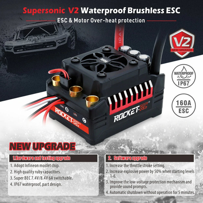 Surpass Hobby Rocket V2 Waterproof 130A/160A Brushless ESC for 1/7 1/8 RC Car Vehicles Model Parts
