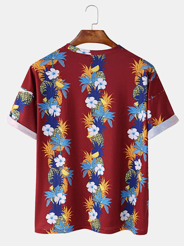 Mens Fashion Floral Printing Crew Neck Breathable Short Sleeve Casual T-Shirts