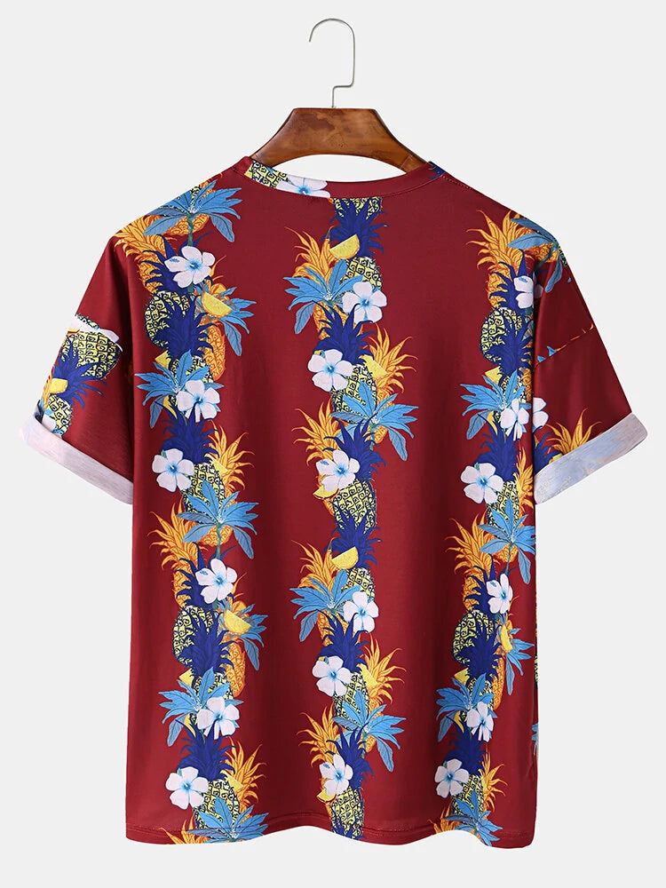 Mens Fashion Floral Printing Crew Neck Breathable Short Sleeve Casual T-Shirts