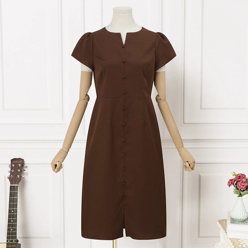 ZANZEA Women's Dresses Vintage Front Split Solid O-Neck Short Sleeve Dress
