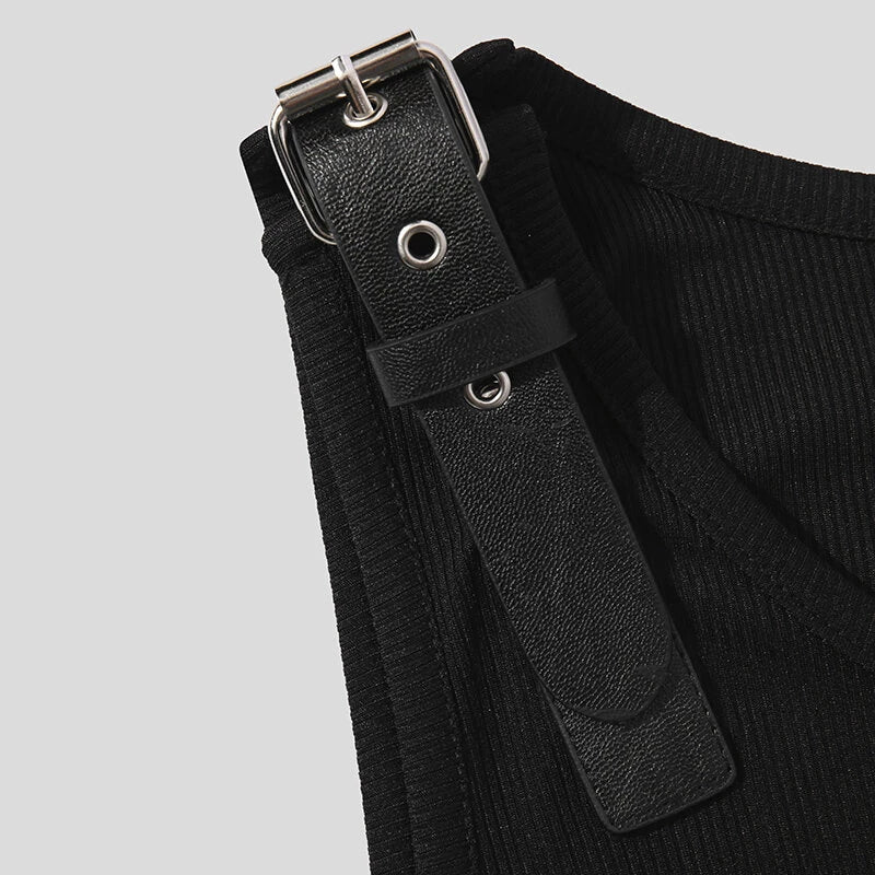 INCERUN Mens Tank Top Fashion Leather Shoulder Strap Design Solid Color Knitted Vest Summer Sleeveless Men's Undershirts