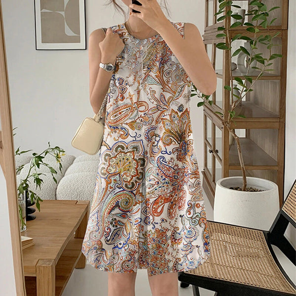 ZANZEA Women's Bohemian Printed Round Neck Pleated Sundress Loose Sleeveless Midi Dress
