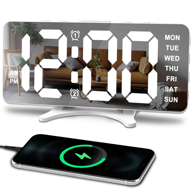 Smart LED Mirror Digital Clock Alarm Clock LED Digital Clock Auto Dimming Mirror Rechargeable Digital Clock for Bedrooms 4 Level Brightness&2 Level Volume