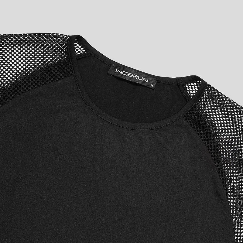 INCERUN Men T-Shirt Contrast Mesh Patchwork Crew Neck Short Sleeve Black T-shirt