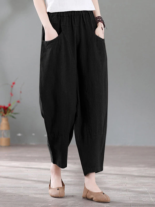 Solid Pocket Casual Cotton Pants