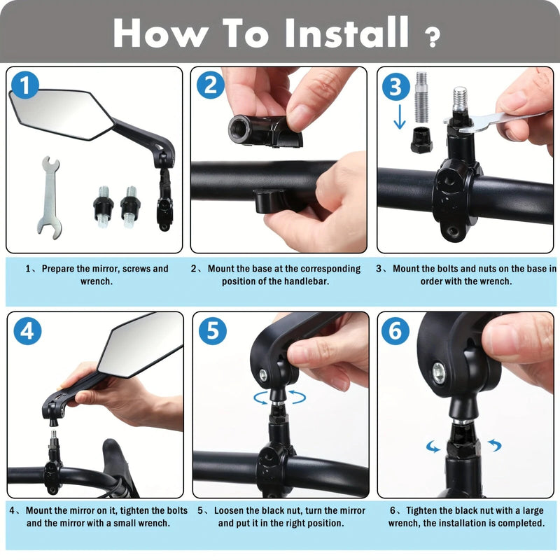 2pcs Bike Handlebar Mirrors For Bicycle Ebike Scooter Snowbike Adjuatable Wide Angle Rear View And 360 Rotatable Safety Galss Design
