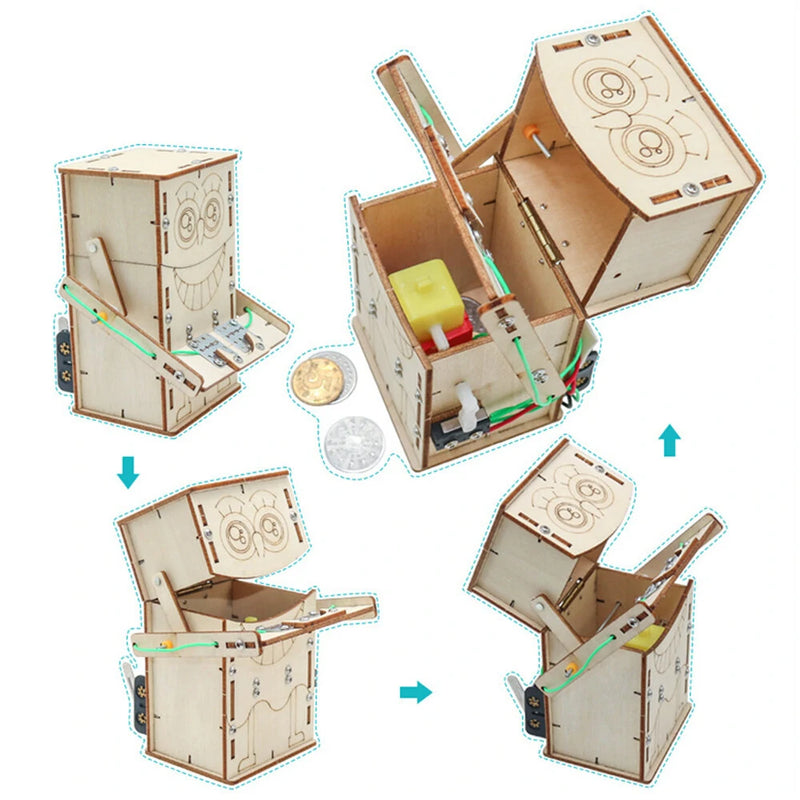 Wooden DIY Electric Powered Coin Eating Robot Puzzle Assembly Technology Small Production Creative Invention Mechanical Science Toy