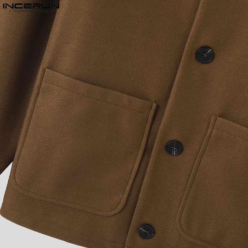 INCERUN Mens Solid Button Front Casual Tweed Jacket Comfortable Crew Neck Outerwear with Side Pockets Large Size S-5XL for Fall