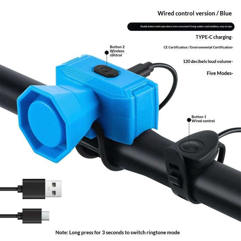 WEST BIKING 120dB Mini Bicycle Horn Type-C Charging 5 Modes Warning Waterproof Electric Bike Bell for MTB Riding Safety