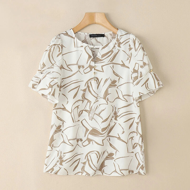ZANZEA Women's Summer Elegant Print Blouse Casual Flare Sleeve O-Neck Cutouts Tops