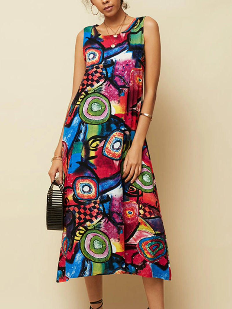ZANZEA Plus Size Women Long Dress Retro O-neck Abstracted Print Sleeveless Beach Maxi Dress with Pockets