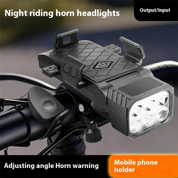 BIKIGHT Bicycle Horn Headlight with Phone Holder 90 Rotation 5 Light Modes Type-C Charging Waterproof Bike Front Light for MTB Outdoor Night Riding Safety