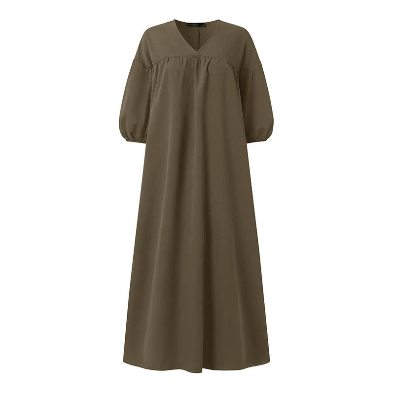 ZANZEA Women Maxi Dresses Solid Color Seven-quarter Length Lantern Sleeves Long Dresses Plus Size Women Dresses