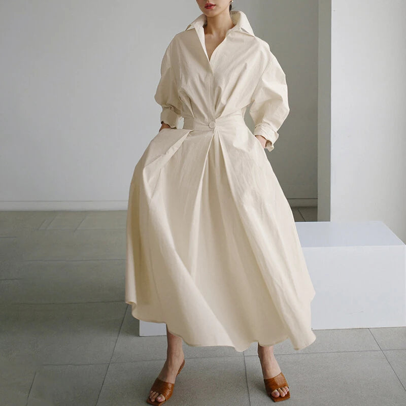 ZANZEA Women Fashion Autumn Sundress Elegant Women Lapel Neck Long Sleeve Solid OL Vestidos Robe Femme Long Shirt Dress Oversized
