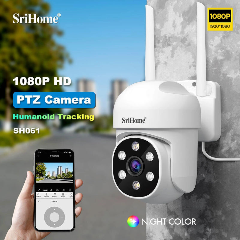 Srihome SH061 1080P 2MP HD WiFi Home Security Camera PTZ AI Wireless Monitoring Camera Night Vision Human Detection Two-way Intercom IP66 Waterproof Video Surveillance CCTV Cameras