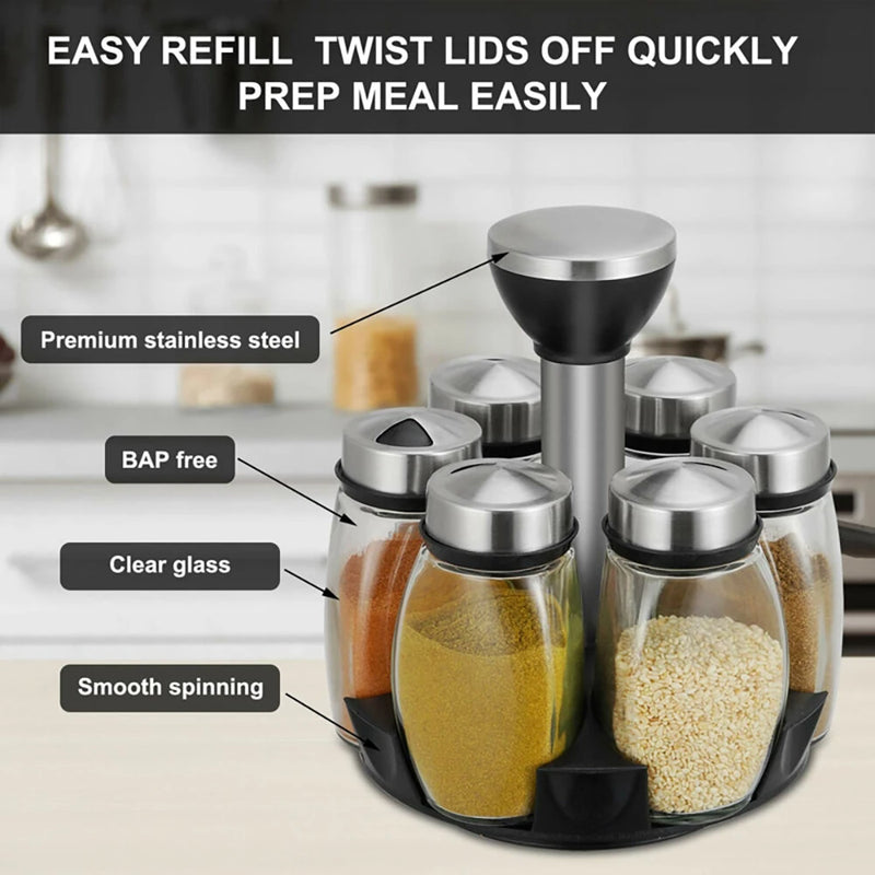 7Pcs Set Rotating Base Spice Seasoning Jar Set Kitchenware Creative Multifunctional Rotating Glass Spice Box Jars Set for Spices Pepper