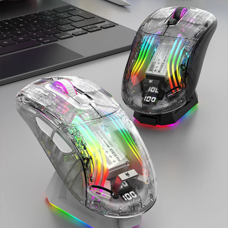 XUNSVFOX XYH20pro RGB Transparent Shell Gaming Mouse Power Display Three Mode Wireless bluetooth Type-C Rechargeable Ergonomics Mute Mice with Charging Dock PC Accessories