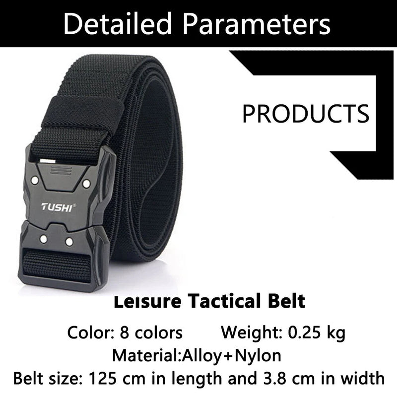 TUSHI 125cm Quick Release Tactical Belt Men Metal Buckle Nylon Elastic Girdle for Military Training Hiking Outdoor Work