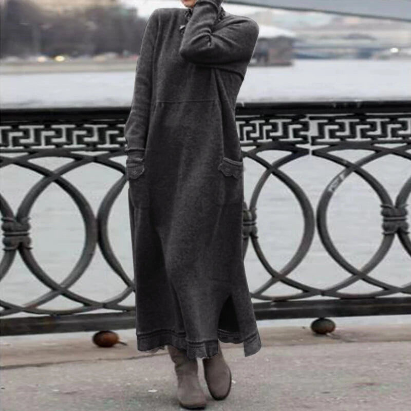 ZANZEA Women Long Sleeved Long Dress with Side Pockets Lace Patchwork Casual Long Maxi Dress for Spring Fall