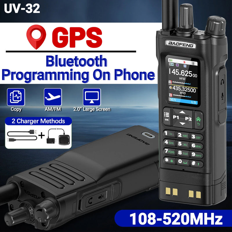 Baofeng UV32 GPS 10W Long Range Walkie Talkie bluetooth Phone APP Programming Multi-band Wireless Copy Frequency 1000CH 10 NOAA Type-C Two-way Radio
