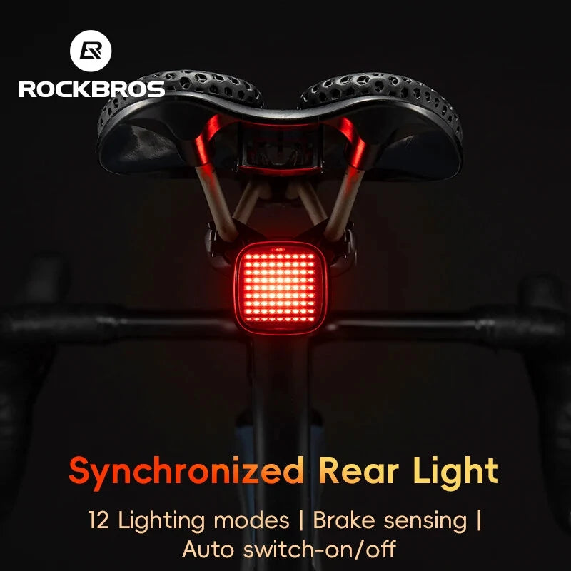 ROCKBROS Smart Bicycle Brake Sensing Taillight 12 Light Modes Vibration Sync Feedback IPX6 Waterproof USB Rechargeable Safe Rear Light for MTB Road Bike Cycling