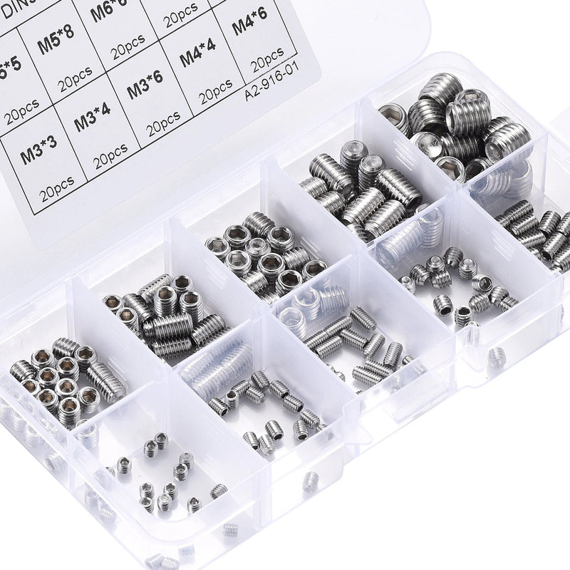 200pcs 304 Stainless Steel Set Screw M3 M4 M5 M6 M8 Allen Head Socket Hex Grub Screw Set Cup Point Assortment Kit Metric