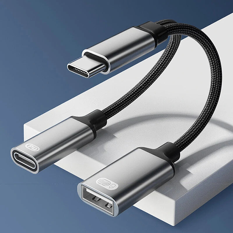 2 in 1 Type-C Cable Splitter USB-C to USB2.0 PD3.0 Adapter OTG Convertor for Laptop Computer Phone