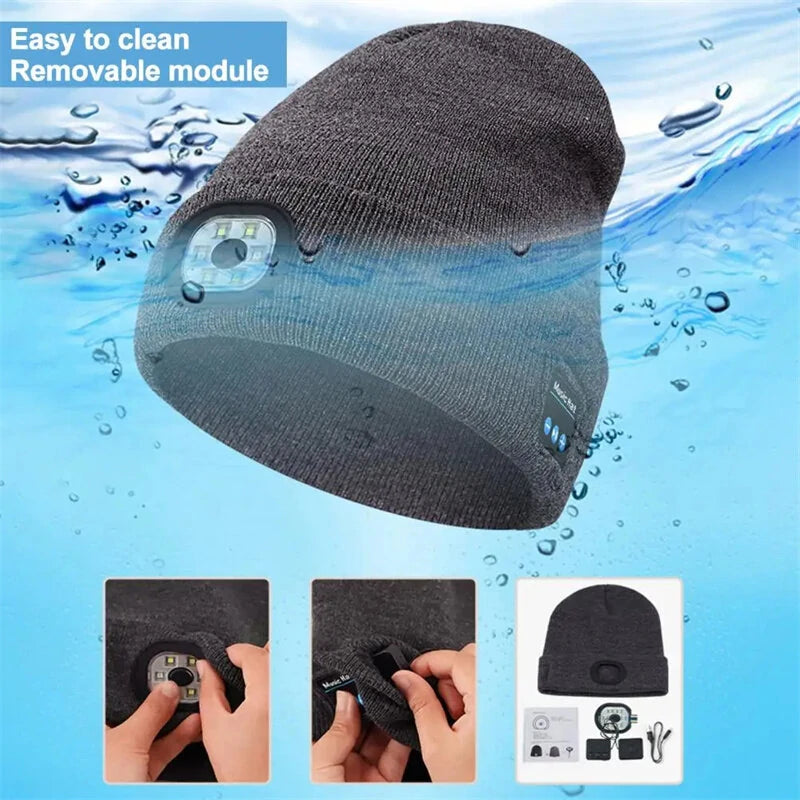 LED Light Bluetooth Beanie Unisex Warm Knitted Beanie 3 Light Modes Waterproof Rechargeable Wireless Music Flashlight Hat for Camping Jogging Fishing Cycling