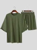 Mens Solid Drop Shoulder Casual Two Piece Outfits