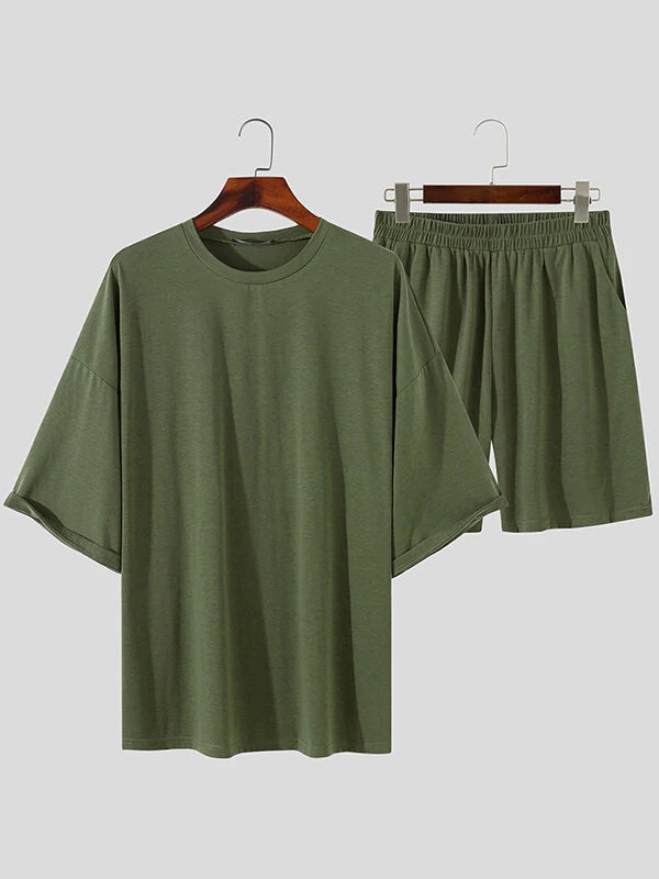 Mens Solid Drop Shoulder Casual Two Piece Outfits