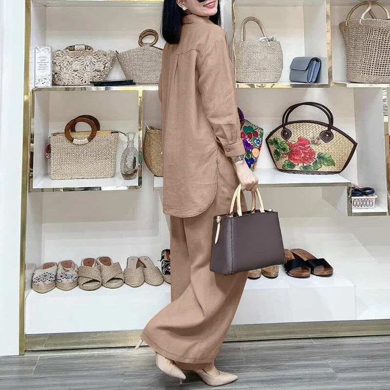 ZANZEA Women Suits - Long Sleeve Lantern Sleeve Elastic Waist Pants Wide Leg Pants with Pockets Casual Tops Trousers Two-Piece Set Plus Size