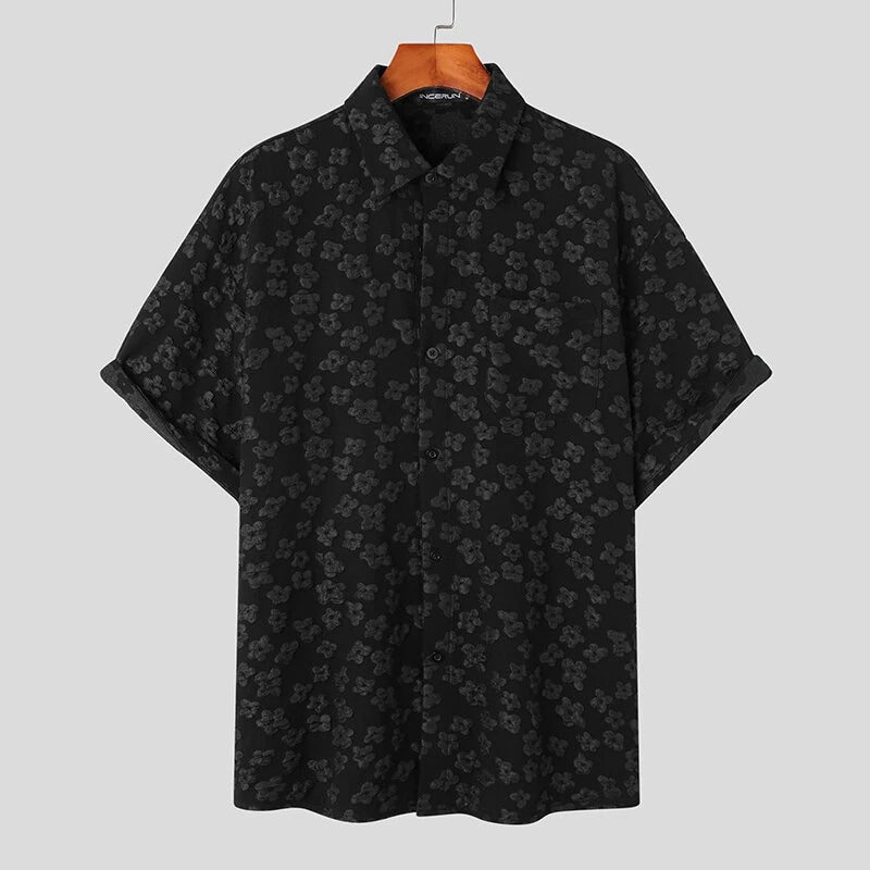 INCERUN Mens Shirt Fashion Embossed Floral Print Tops Black Short Sleeve Shirt