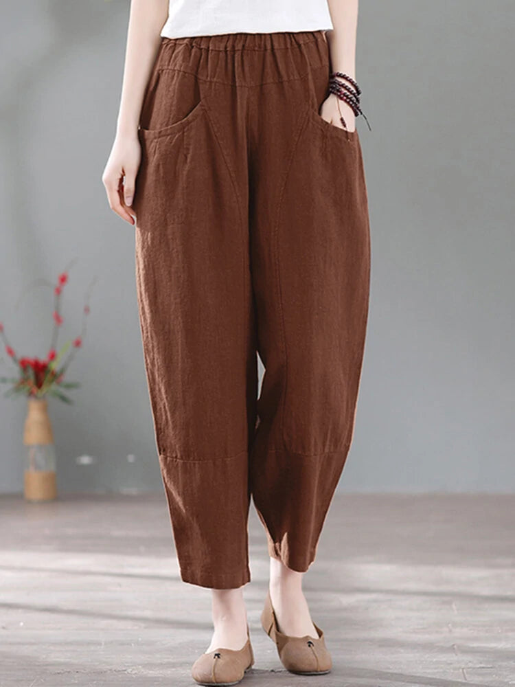 Solid Pocket Casual Cotton Pants