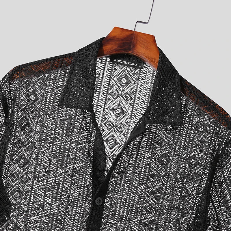 INCERUN Men's Hollow Lace Loose Short Sleeve Shirts