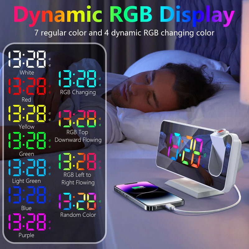 AGSIVO LED RGB Digital Projection Alarm Clock with 180 Rotatable Projector / 11 Colors / Mirror Surface / Snooze / 6-Level Brightness Dimmer / Clear LED Display / USB Charger For Bedroom Living Room