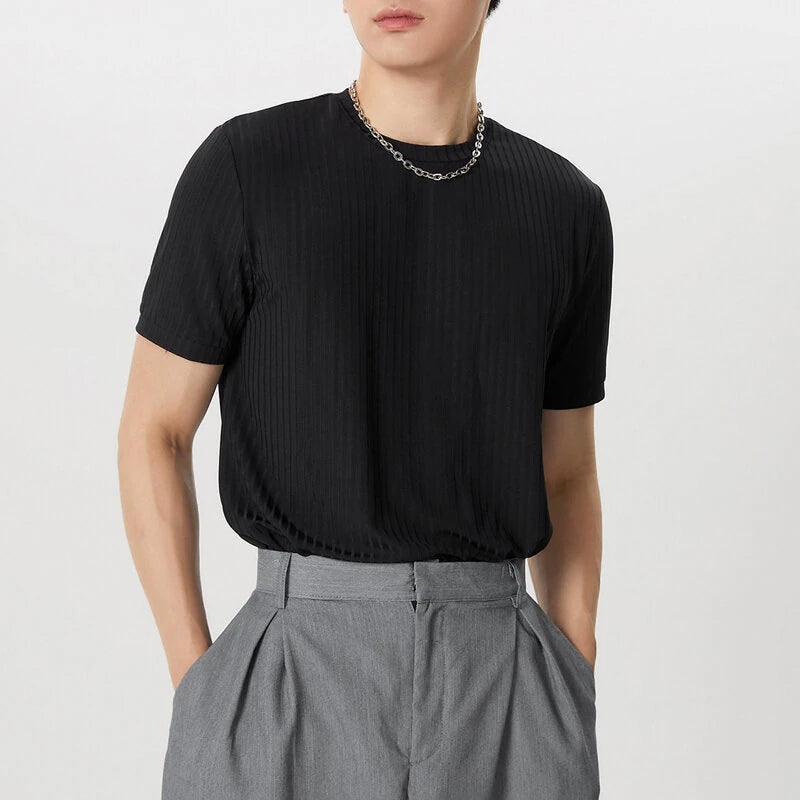 INCERUN Mens Solid Color Rib Knitted Crew Neck T-Shirt Comfortable Breathable Short Sleeve Tshirt for Summer