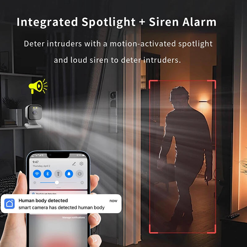 2MP Wireless WiFi Security Camera Color Night Vision Two-Way Audio Motion Detect Spotlight Siren Alarm IP65 Waterproof Smart Home Monitoring Cameras