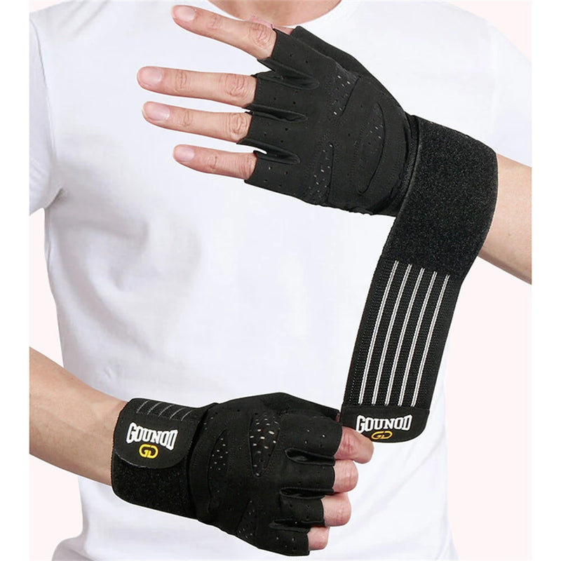 GOUNOD 1Pair Workout Half-finger Gloves Breathable Wear-resistant Extended Strap Fitness Sports Gloves for Barbell Equipment Eeightlifting Iron Exercise