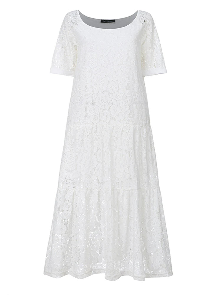 ZANZEA Plus Size Women Lace Long Dress Cold Shoulder Long Lace Croceht Hollow Out Bohemian Maxi Dress For Women