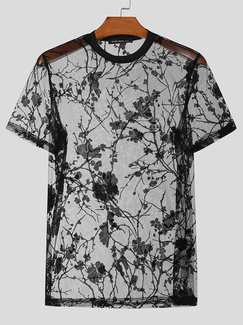 INCERUN Men T-shirts Fashion See-through Embroidered Flowers Mesh T-shirt Summer Mens Top Short Sleeve Streetwear Men Clothing