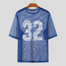 INCERUN Mens Numeric Print Sheer Mesh T-Shirt Solid Color Crew Neck Tshirts Fashion Matching Streatwear for Male Plus Size S-5XL