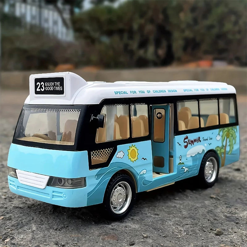 Children's Inertia Toy Car Route 23 City Bus School Bus Model with Sound Light Music Openable Doors Friction Powered Play Gift