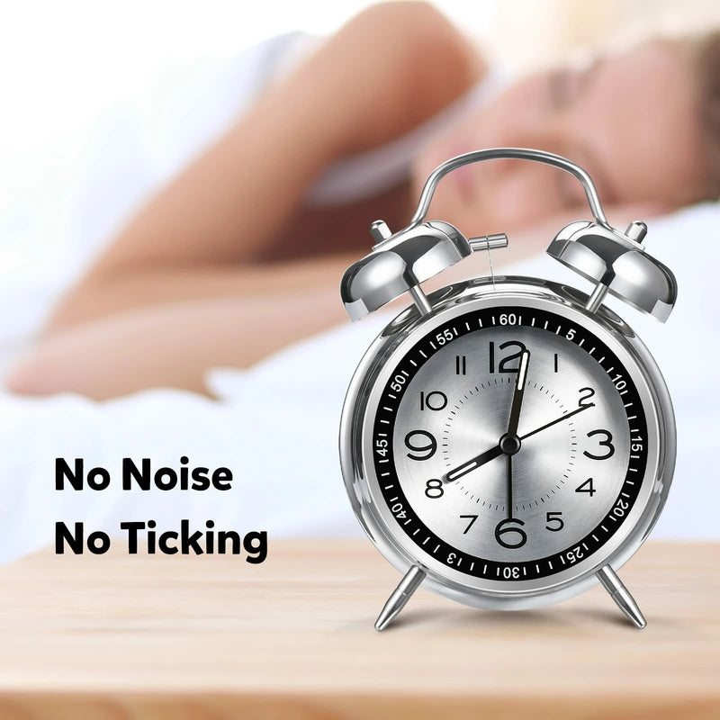 AGSIVO 4 Inch Loud Alarm Clock Twin Bell Analog for Heavy Sleepers Silent Non-Ticking Quartz with Backlight