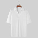 INCERUN Mens Solid Textured Casual Short Sleeve Shirt Fashion V-neck Lapel Top for Male