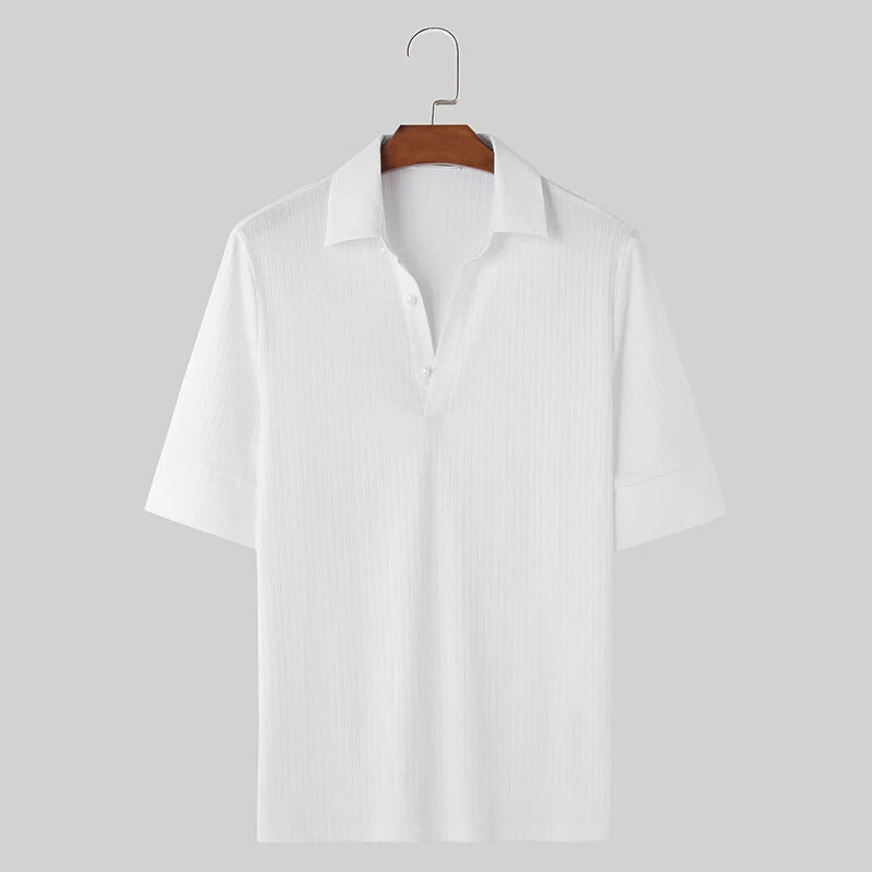 INCERUN Mens Solid Textured Casual Short Sleeve Shirt Fashion V-neck Lapel Top for Male