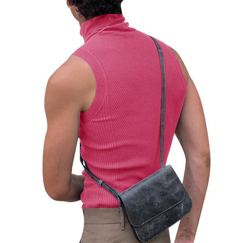 INCERUN Mens Tank Tops Fashion-forward Males Solid Color Knitted High-necked Vest Summer Comfy Sleeveless Men's Top Clothing